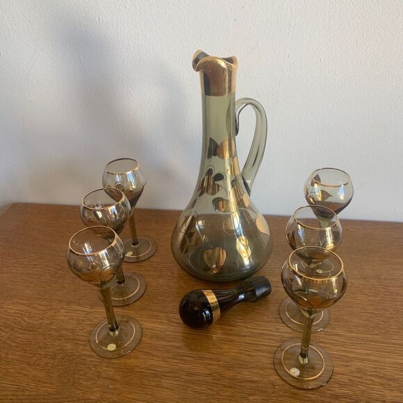 Vintage Made In Hungary ART Glass Decanter Glasses Set Hand Painted Gold Trim